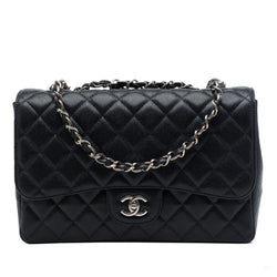 Second hand Chanel Classic Single Flap Jumbo Caviar Leather Matelassè Handbag Black - Tabita Bags