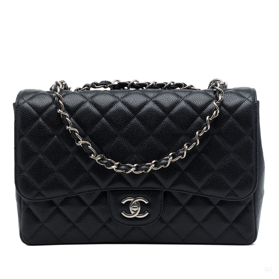 Second hand Chanel Classic Single Flap Jumbo Caviar Leather Matelassè Handbag Black - Tabita Bags