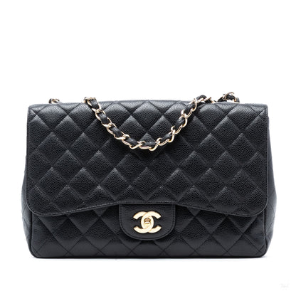Second hand Chanel Classic Single Flap Jumbo Caviar Leather Matelassè Handbag Black - Tabita Bags