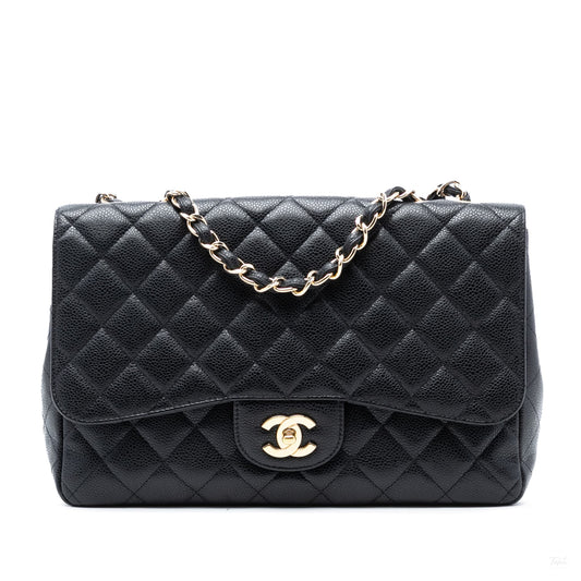 Second hand Chanel Classic Single Flap Jumbo Caviar Leather Matelassè Handbag Black - Tabita Bags