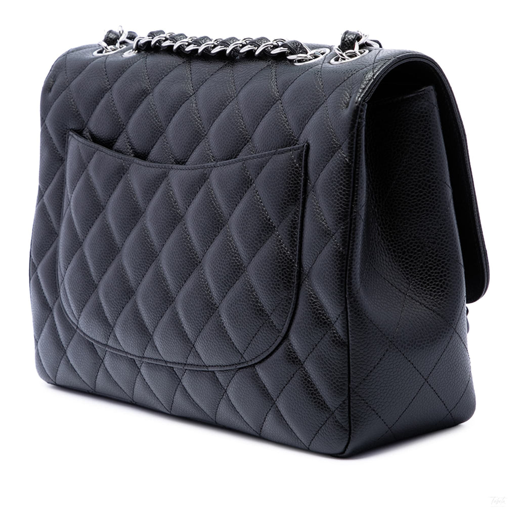 Second hand Chanel Classic Single Flap Jumbo Caviar Leather Matelassè Handbag Black - Tabita Bags
