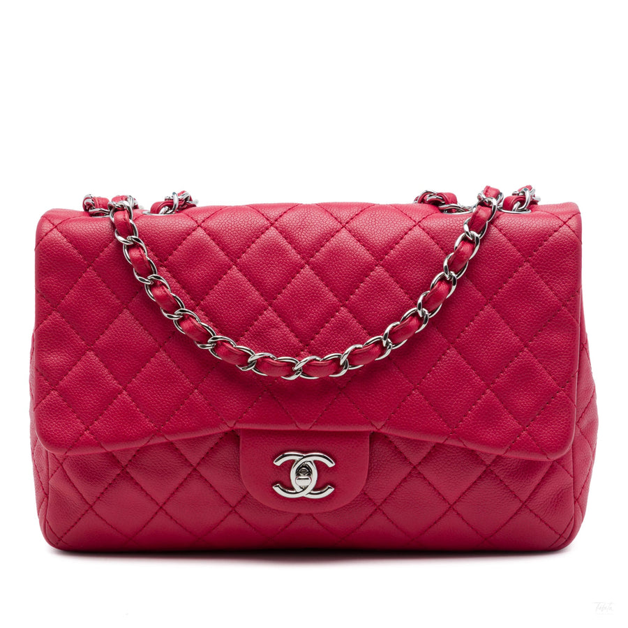 Second hand Chanel Classic Single Flap Jumbo Caviar Leather Matelassè Handbag Pink - Tabita Bags