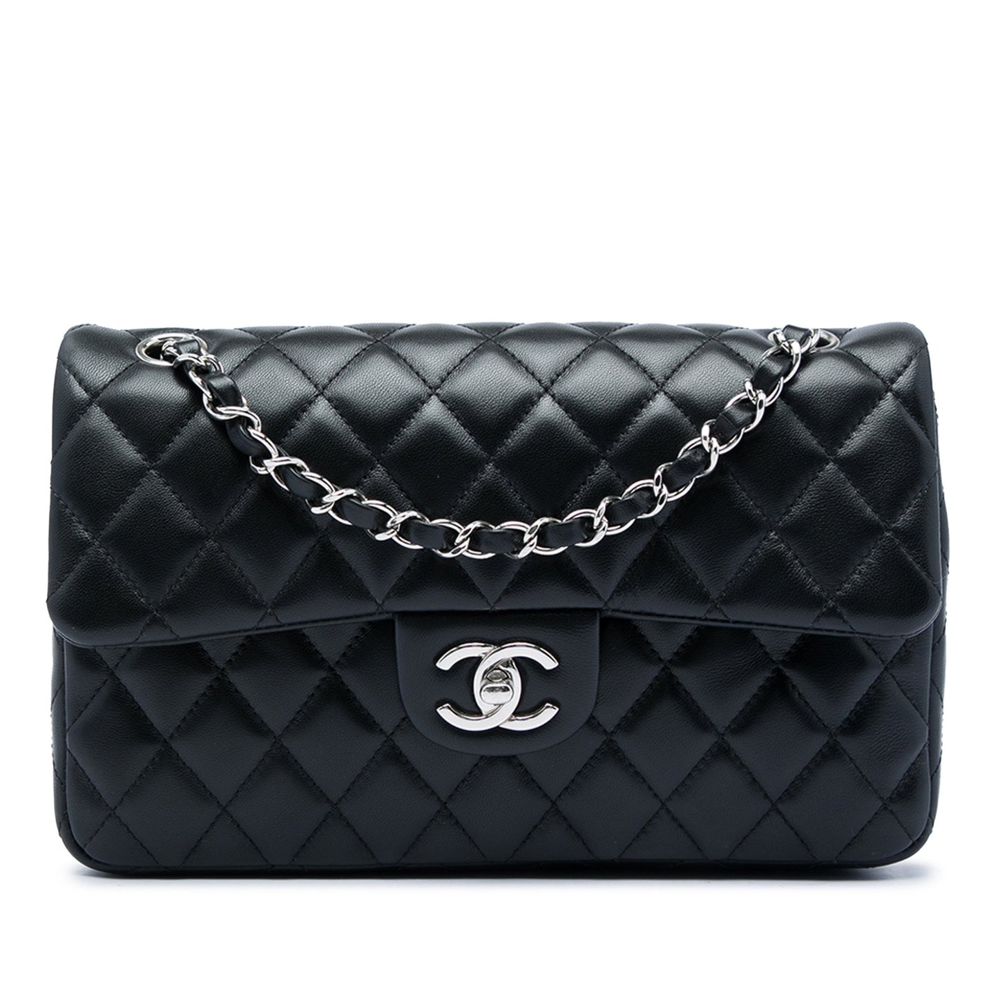 Second hand Chanel Classic Single Flap Medium Lambskin Leather Matelassè Shoulder Bag Black - Tabita Bags