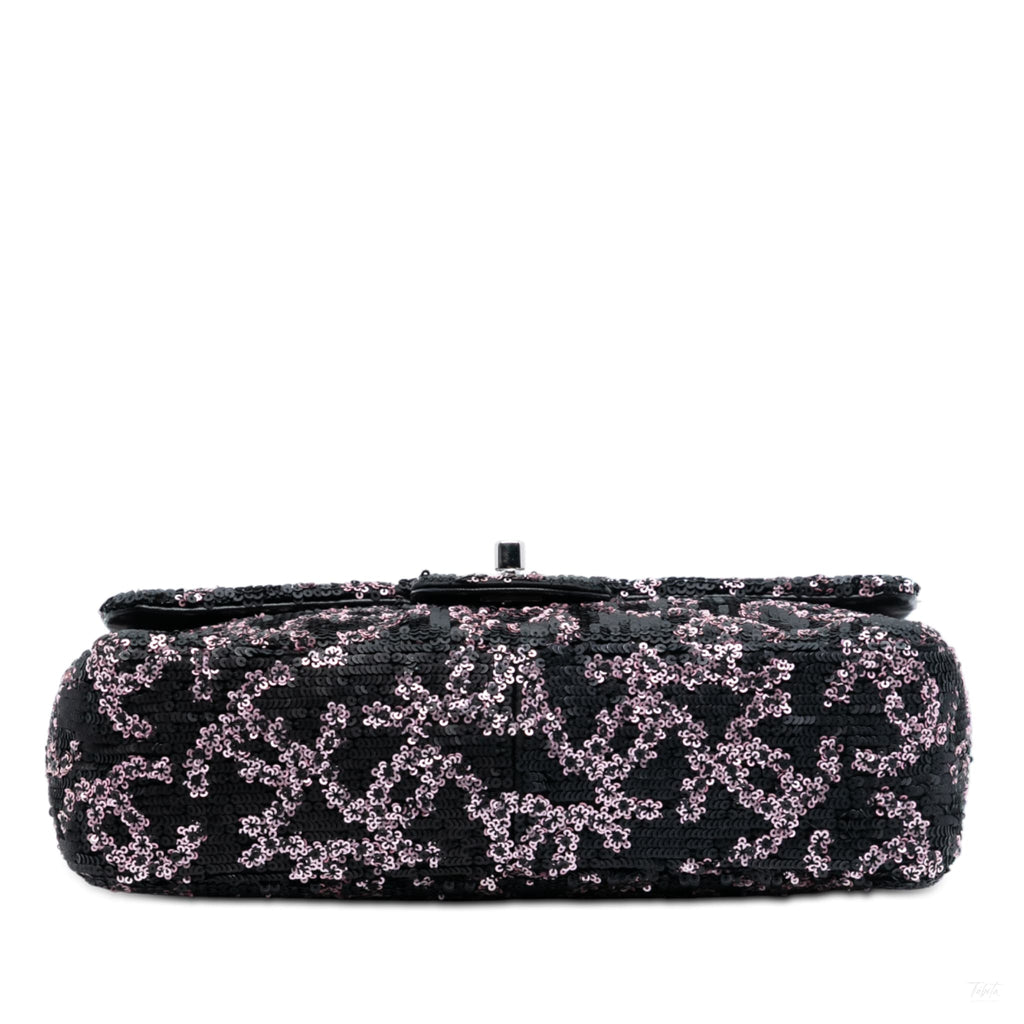 Second hand Chanel Classic Single Flap Medium Leather & Sequin Matelassè Crossbody Black - Tabita Bags