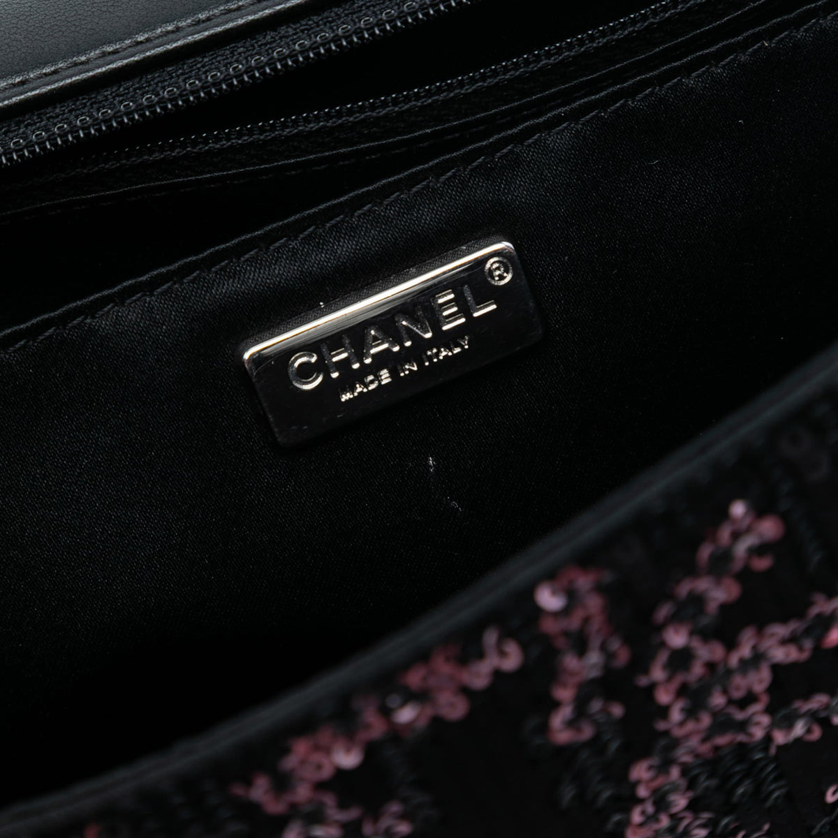Second hand Chanel Classic Single Flap Medium Leather & Sequin Matelassè Crossbody Black - Tabita Bags