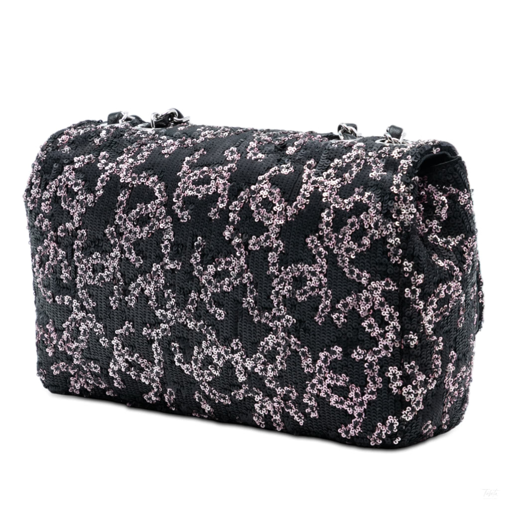 Second hand Chanel Classic Single Flap Medium Leather & Sequin Matelassè Crossbody Black - Tabita Bags