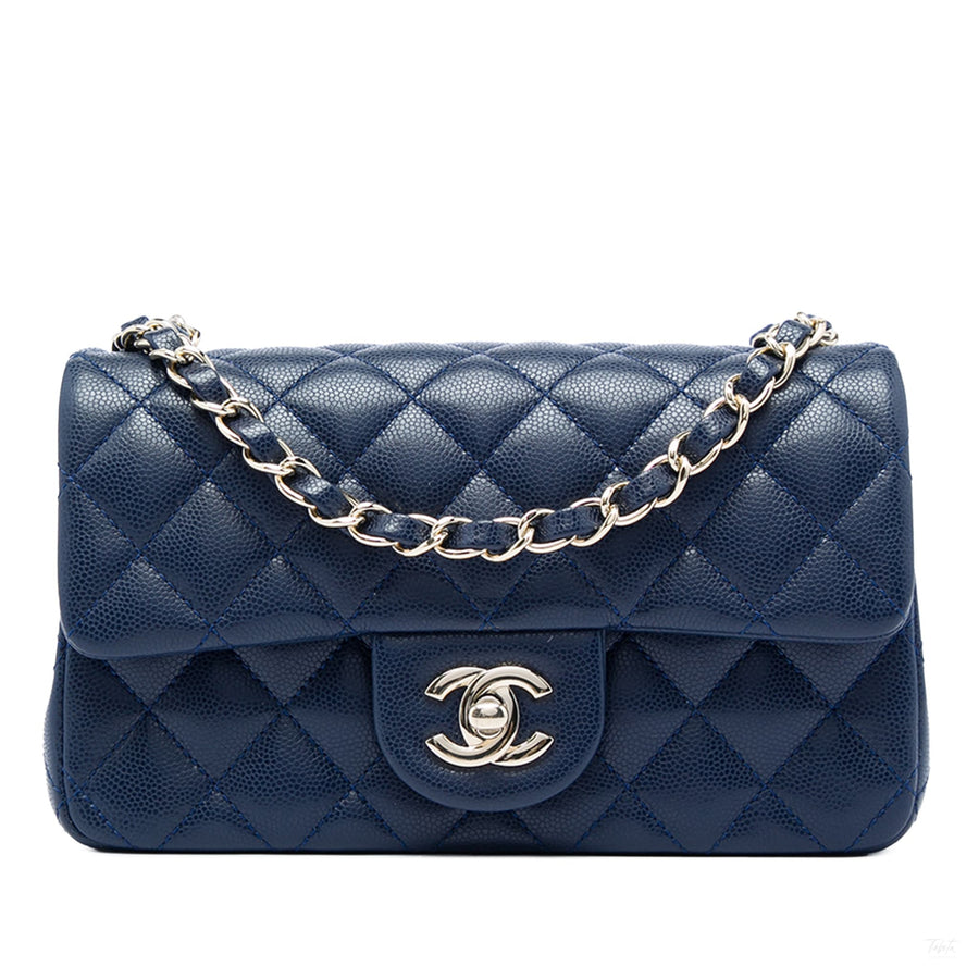 Second hand Chanel Classic Single Flap Mini Caviar Leather Matelassè Shoulder Bag Blue - Tabita Bags