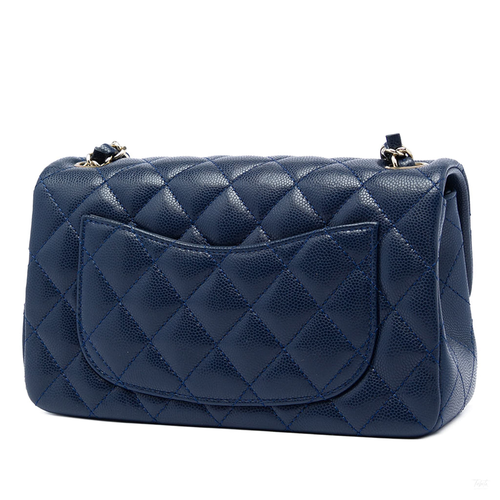Second hand Chanel Classic Single Flap Mini Caviar Leather Matelassè Shoulder Bag Blue - Tabita Bags