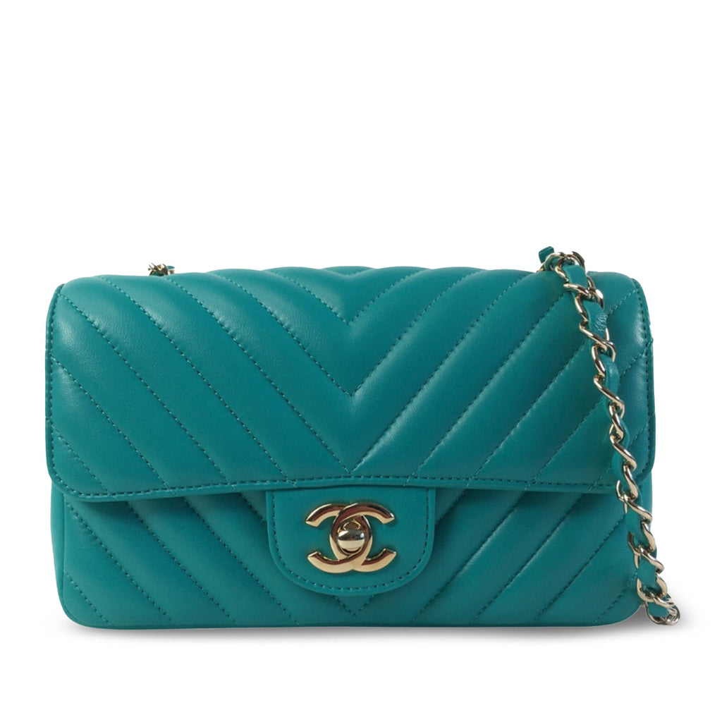 Second hand Chanel Classic Single Flap Mini Lambskin Leather Chevron Shoulder Bag Green - Tabita Bags
