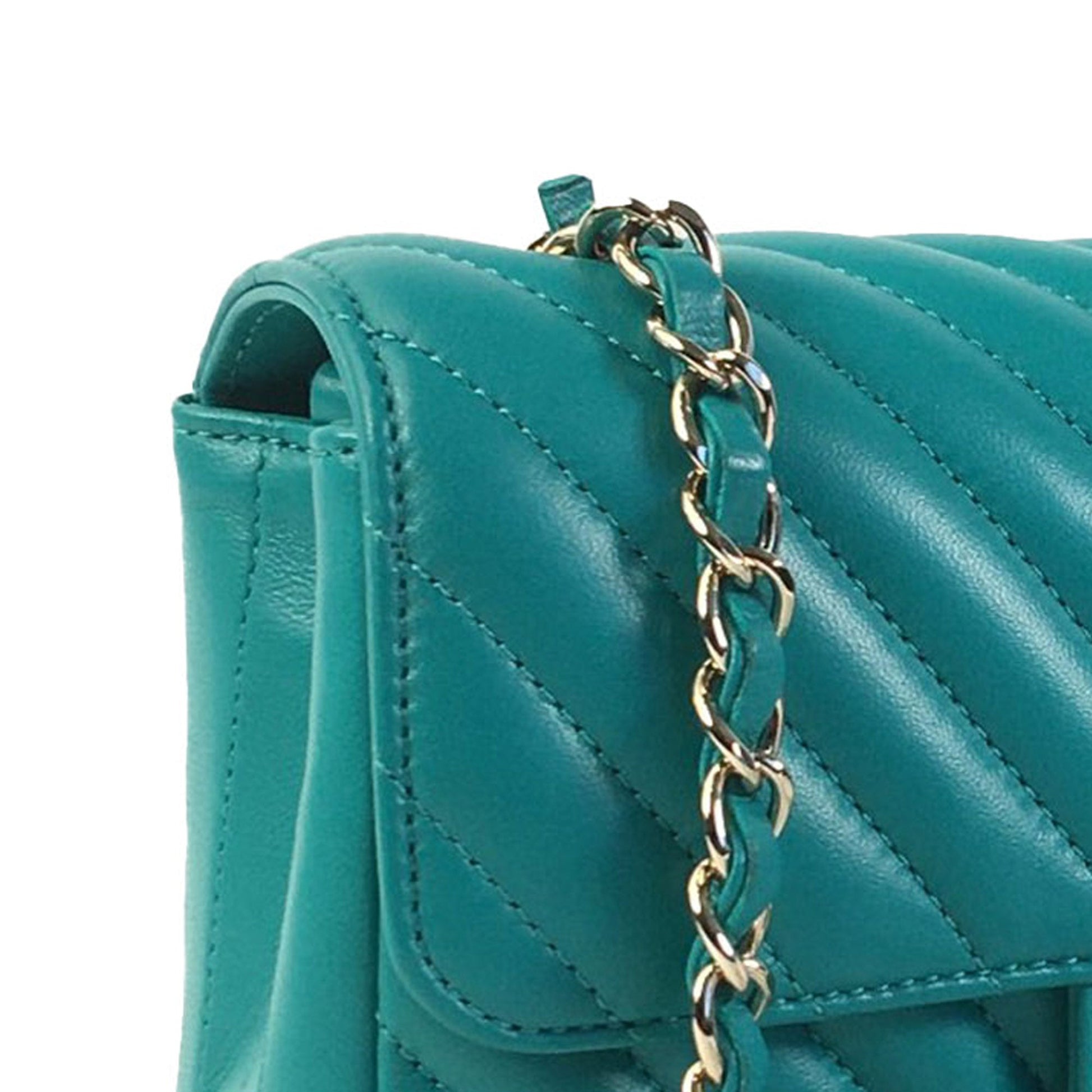 Second hand Chanel Classic Single Flap Mini Lambskin Leather Chevron Shoulder Bag Green - Tabita Bags