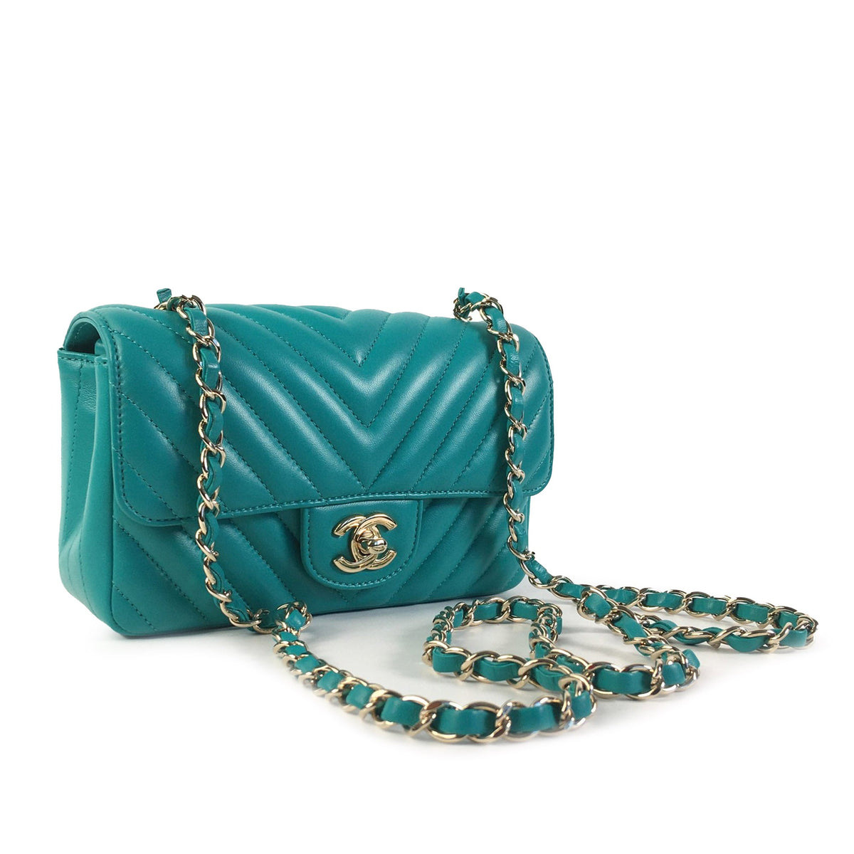 Second hand Chanel Classic Single Flap Mini Lambskin Leather Chevron Shoulder Bag Green - Tabita Bags