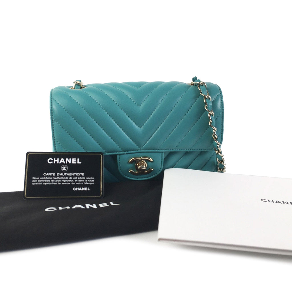 Second hand Chanel Classic Single Flap Mini Lambskin Leather Chevron Shoulder Bag Green - Tabita Bags
