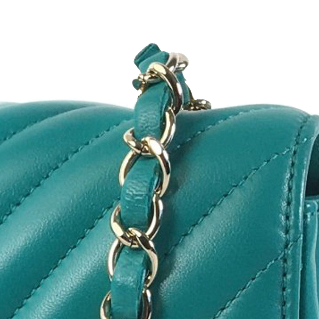 Second hand Chanel Classic Single Flap Mini Lambskin Leather Chevron Shoulder Bag Green - Tabita Bags