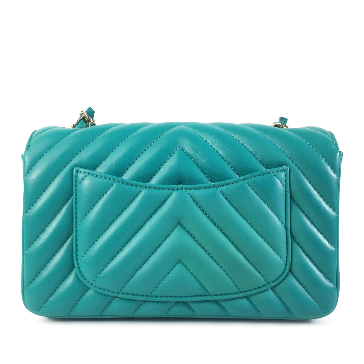 Second hand Chanel Classic Single Flap Mini Lambskin Leather Chevron Shoulder Bag Green - Tabita Bags