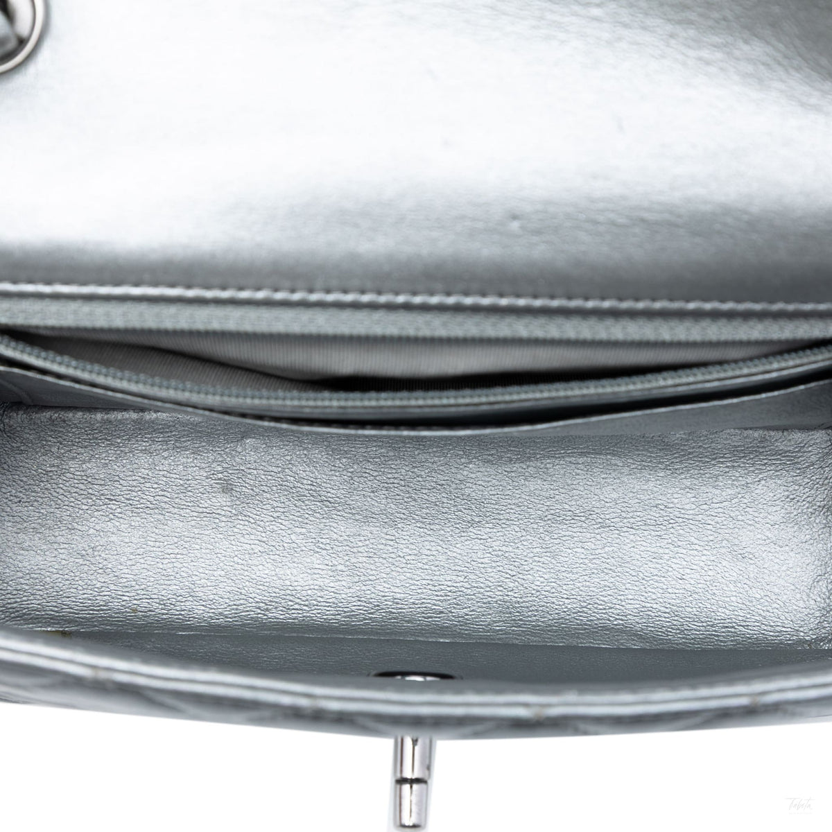 Second hand Chanel Classic Single Flap Mini Lambskin Leather Matelassè Shoulder Bag Metallic Silver - Tabita Bags