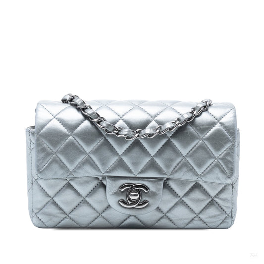 Second hand Chanel Classic Single Flap Mini Lambskin Leather Matelassè Shoulder Bag Metallic Silver - Tabita Bags