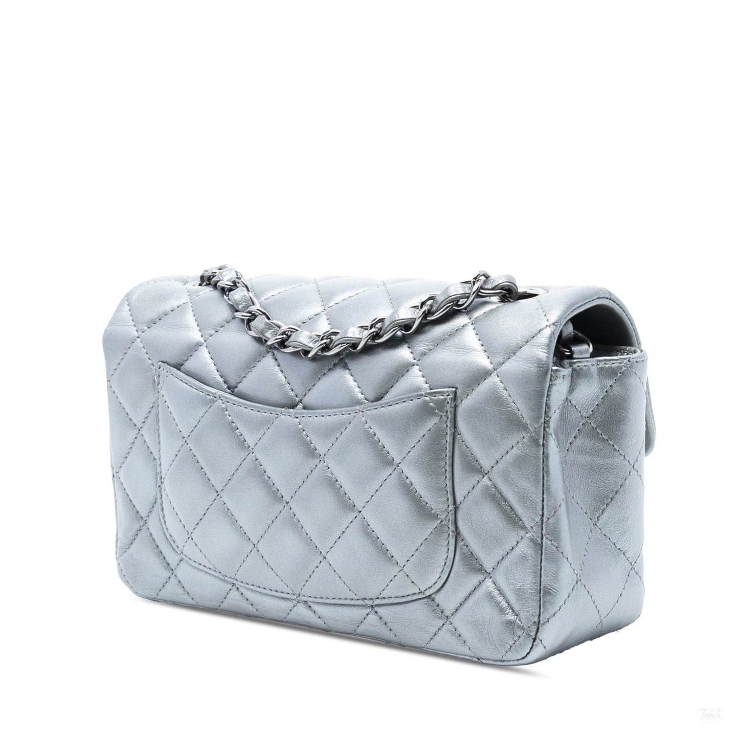 Second hand Chanel Classic Single Flap Mini Lambskin Leather Matelassè Shoulder Bag Metallic Silver - Tabita Bags