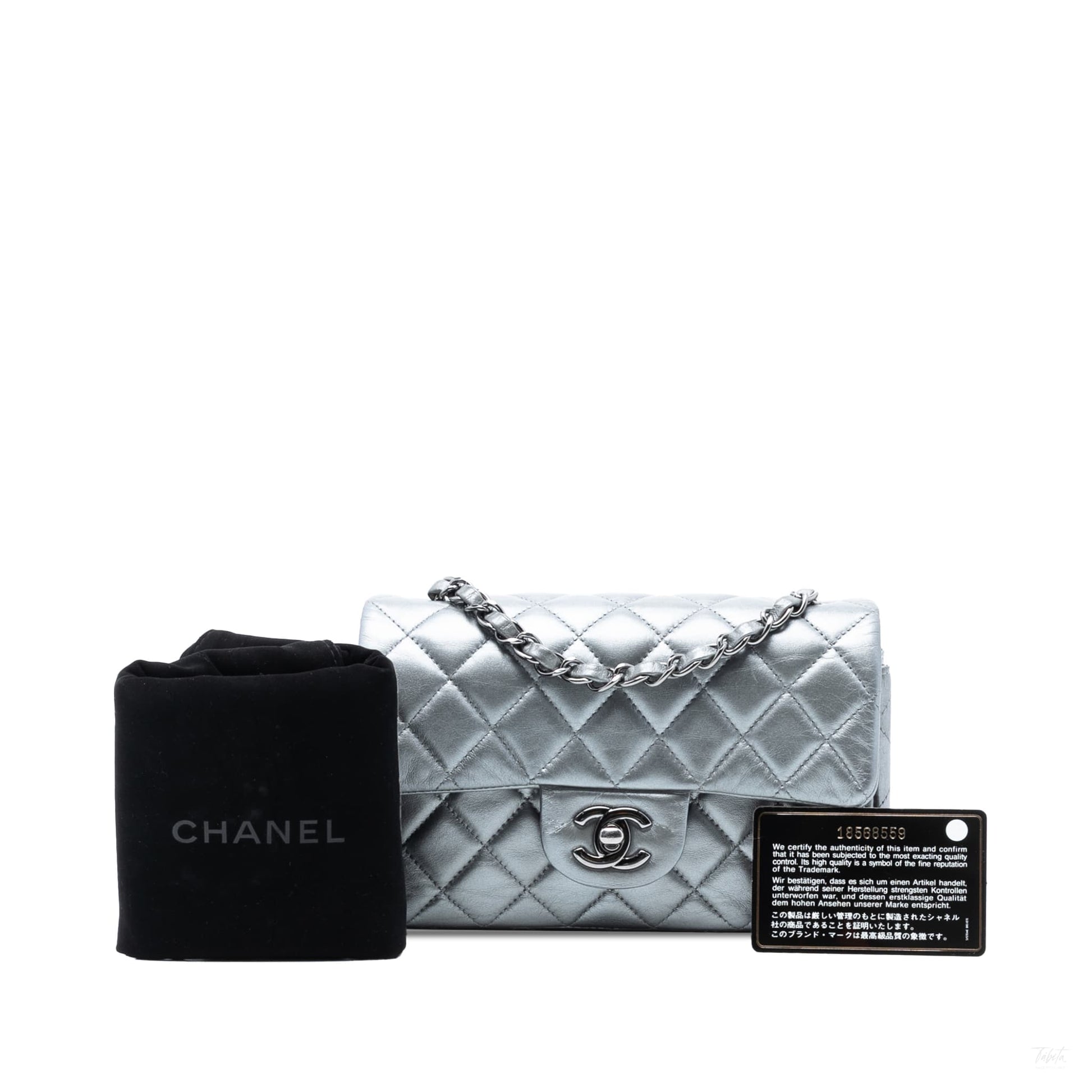 Second hand Chanel Classic Single Flap Mini Lambskin Leather Matelassè Shoulder Bag Metallic Silver - Tabita Bags