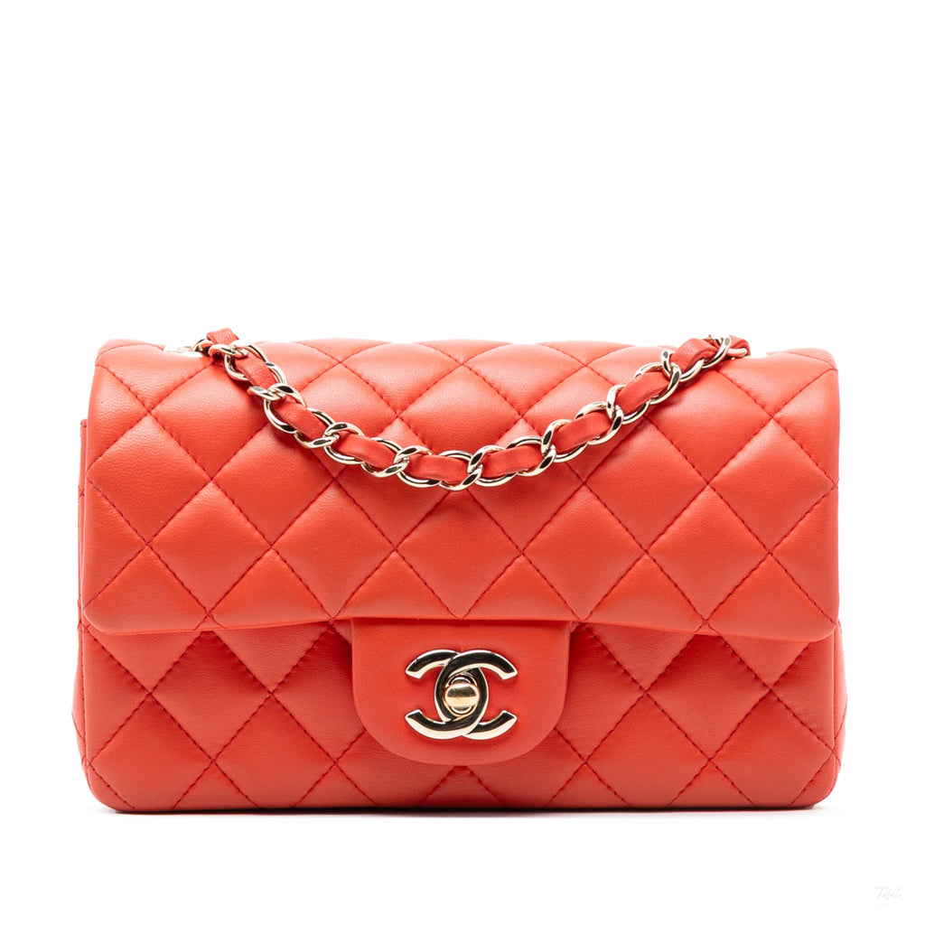 Second hand Chanel Classic Single Flap Mini Lambskin Leather Matelassè Shoulder Bag Orange - Tabita Bags