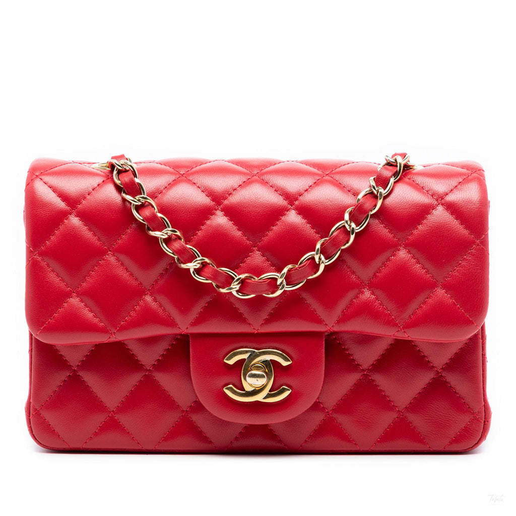 Second hand Chanel Classic Single Flap Mini Lambskin Leather Matelassè Shoulder Bag Red - Tabita Bags