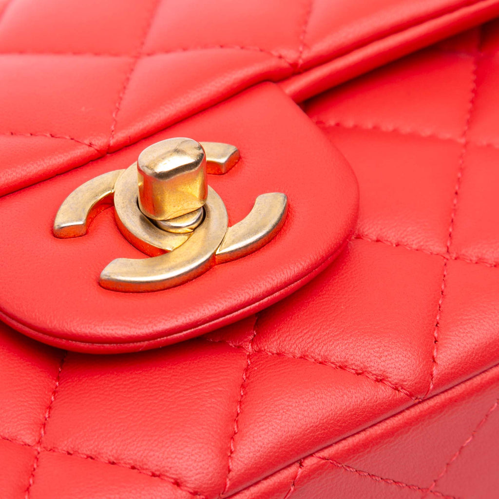Second hand Chanel Classic Single Flap Mini Lambskin Leather Matelassè Shoulder Bag Red - Tabita Bags