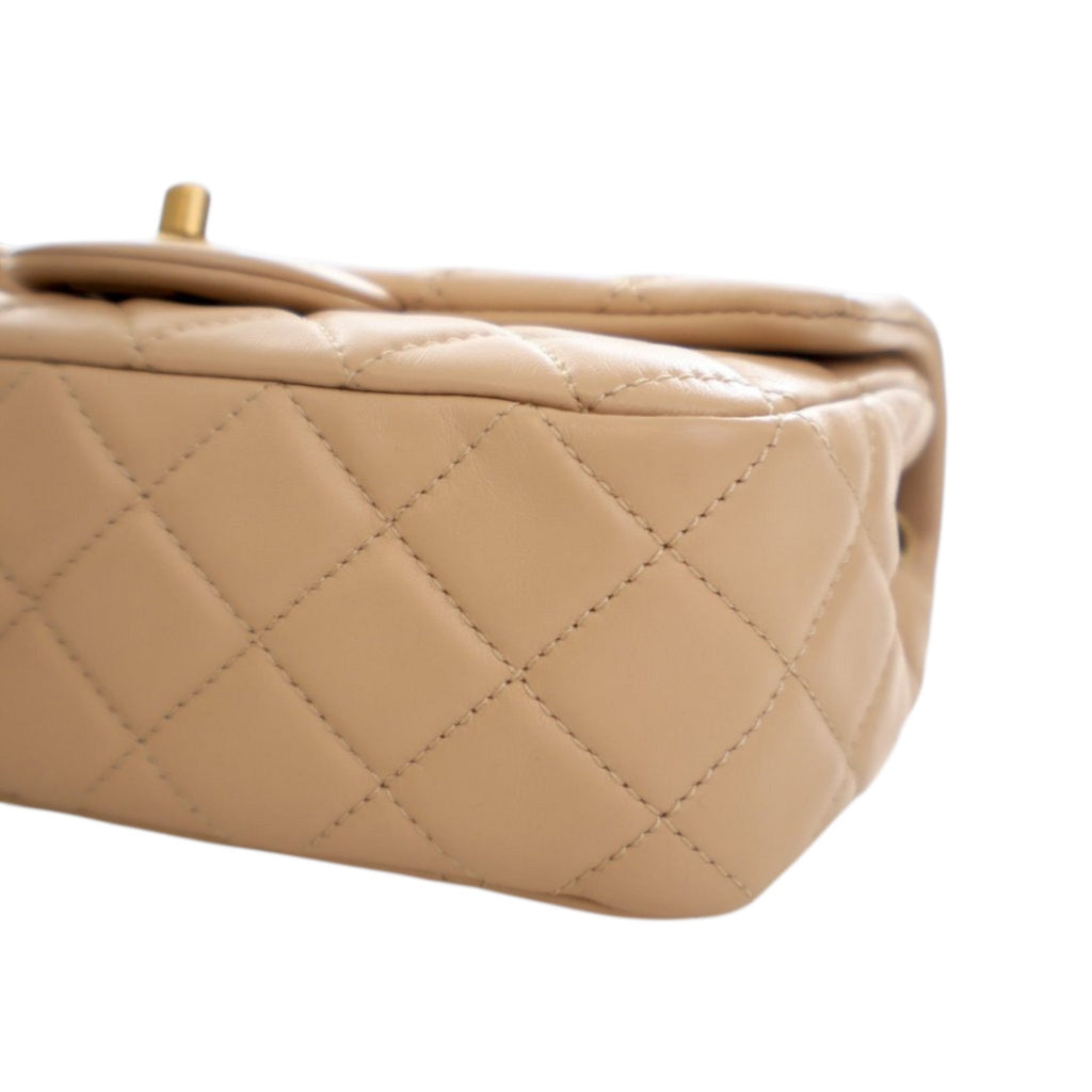 Second hand Chanel Classic Single Flap Mini Lambskin Leather Pearl Crush Matelassè Shoulder Bag Beige - Tabita Bags