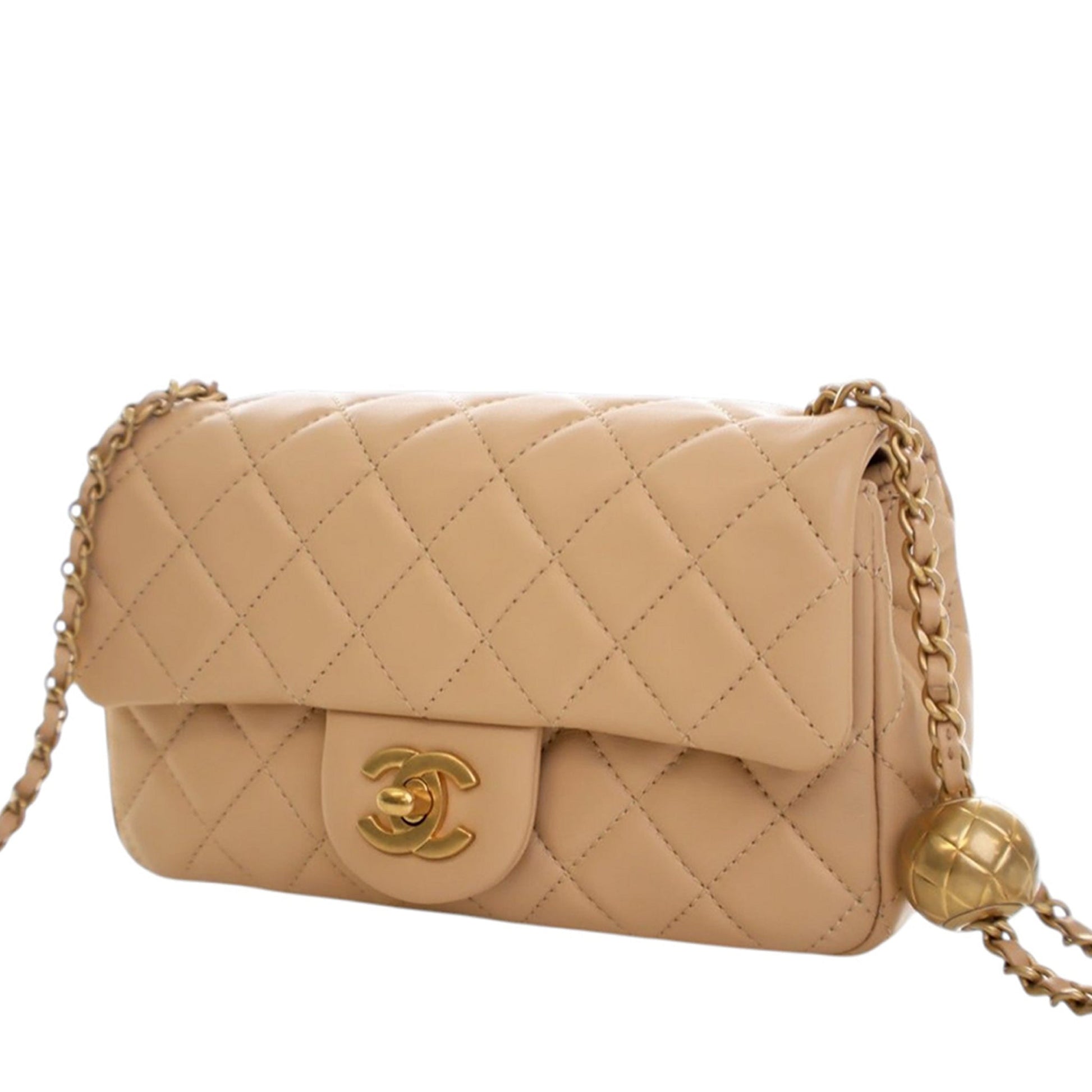 Second hand Chanel Classic Single Flap Mini Lambskin Leather Pearl Crush Matelassè Shoulder Bag Beige - Tabita Bags