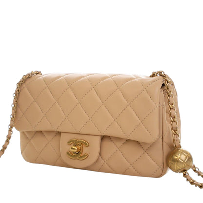 Second hand Chanel Classic Single Flap Mini Lambskin Leather Pearl Crush Matelassè Shoulder Bag Beige - Tabita Bags