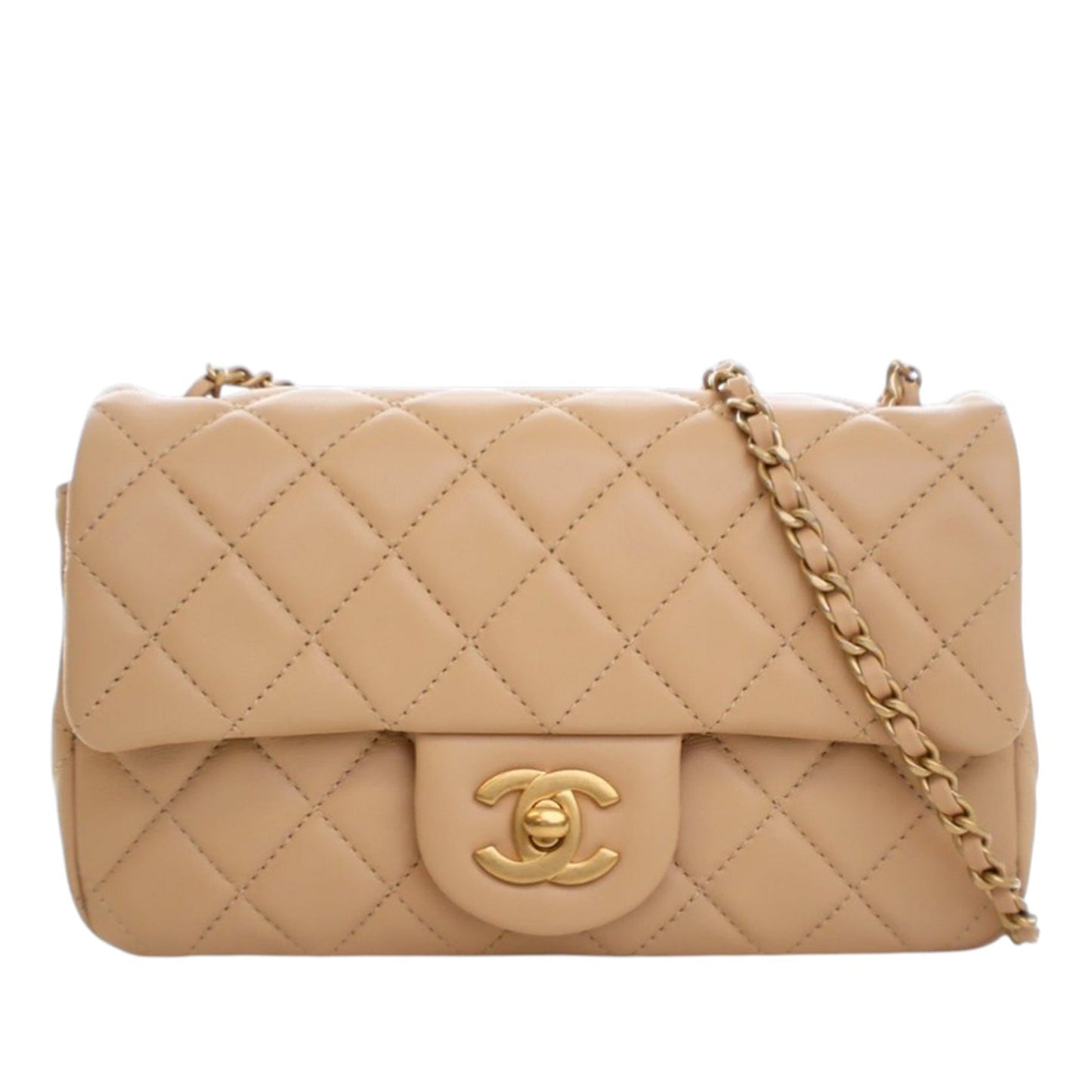 Second hand Chanel Classic Single Flap Mini Lambskin Leather Pearl Crush Matelassè Shoulder Bag Beige - Tabita Bags