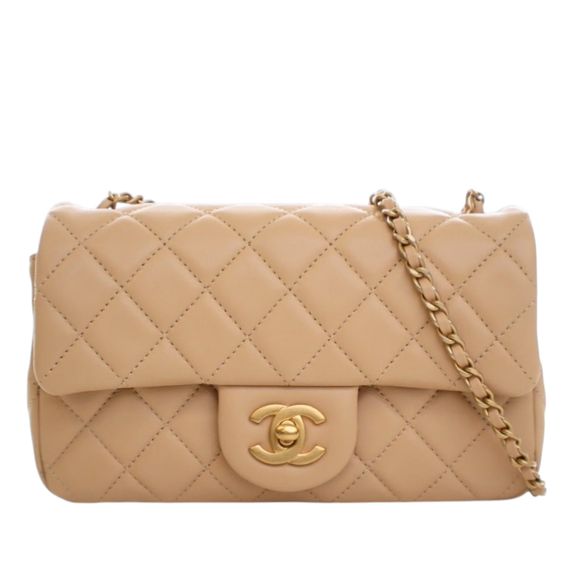 Second hand Chanel Classic Single Flap Mini Lambskin Leather Pearl Crush Matelassè Shoulder Bag Beige - Tabita Bags