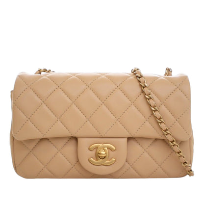 Second hand Chanel Classic Single Flap Mini Lambskin Leather Pearl Crush Matelassè Shoulder Bag Beige - Tabita Bags