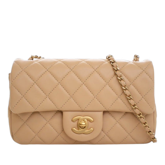 Second hand Chanel Classic Single Flap Mini Lambskin Leather Pearl Crush Matelassè Shoulder Bag Beige - Tabita Bags