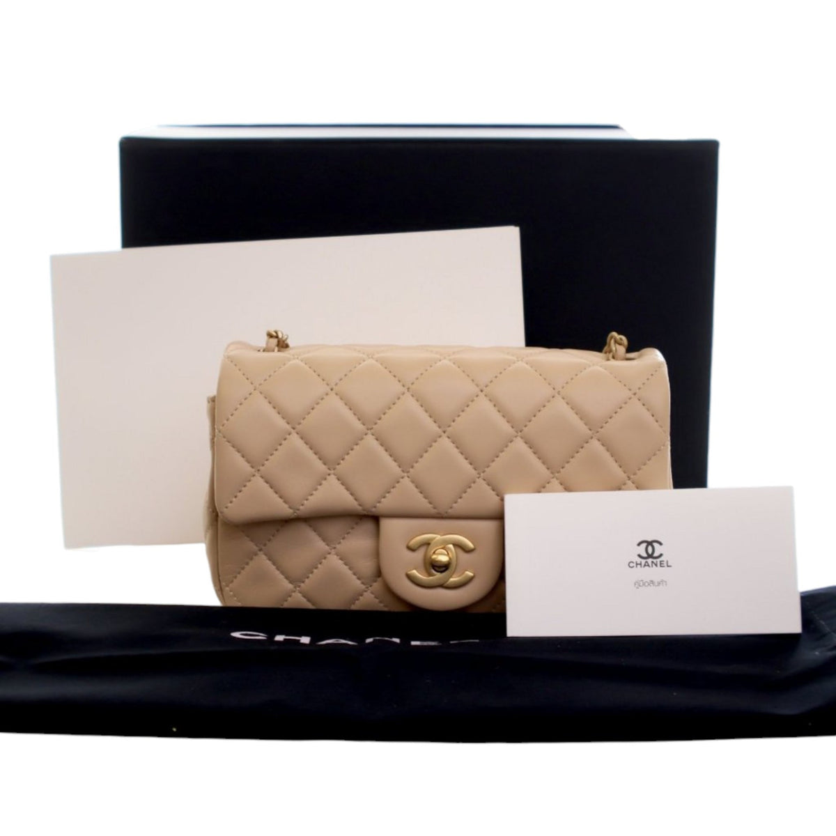 Second hand Chanel Classic Single Flap Mini Lambskin Leather Pearl Crush Matelassè Shoulder Bag Beige - Tabita Bags