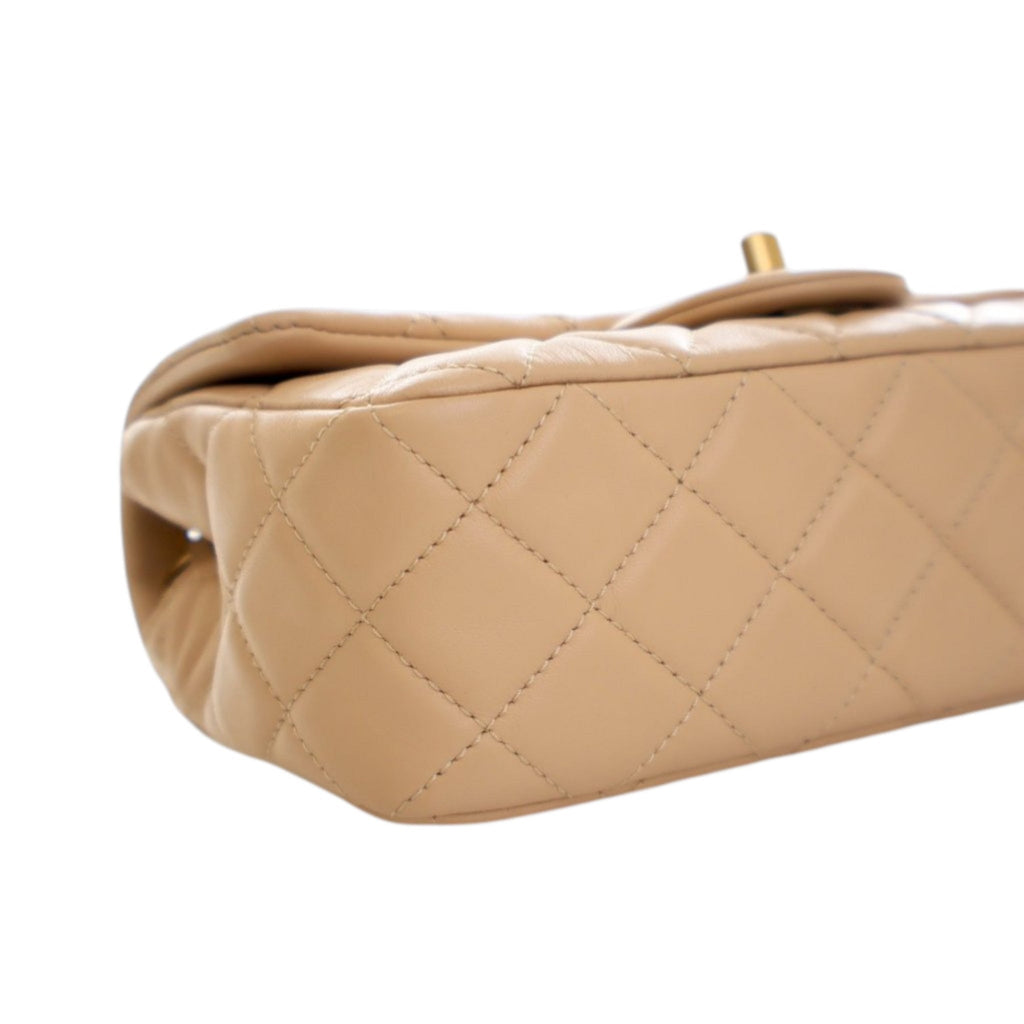 Second hand Chanel Classic Single Flap Mini Lambskin Leather Pearl Crush Matelassè Shoulder Bag Beige - Tabita Bags