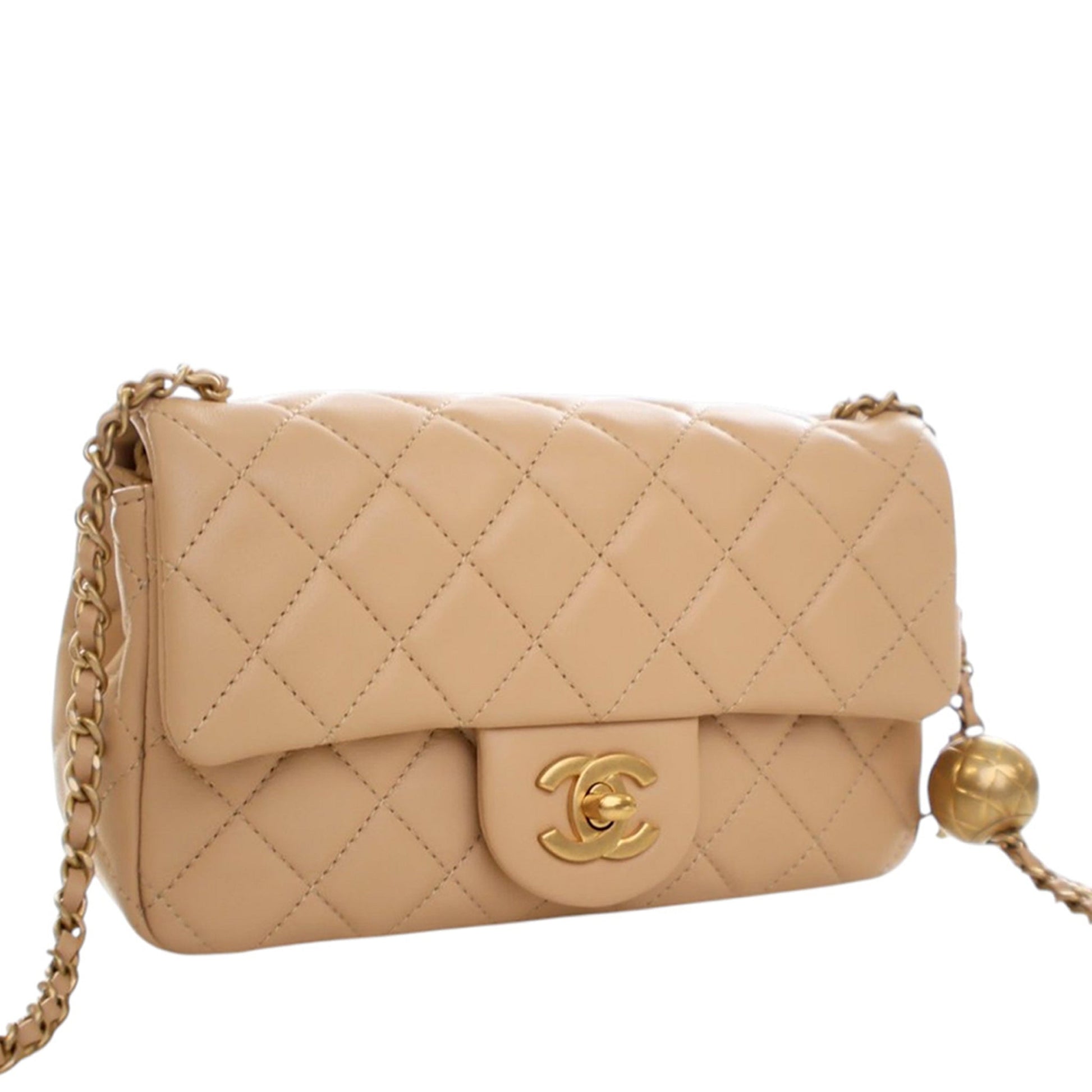 Second hand Chanel Classic Single Flap Mini Lambskin Leather Pearl Crush Matelassè Shoulder Bag Beige - Tabita Bags