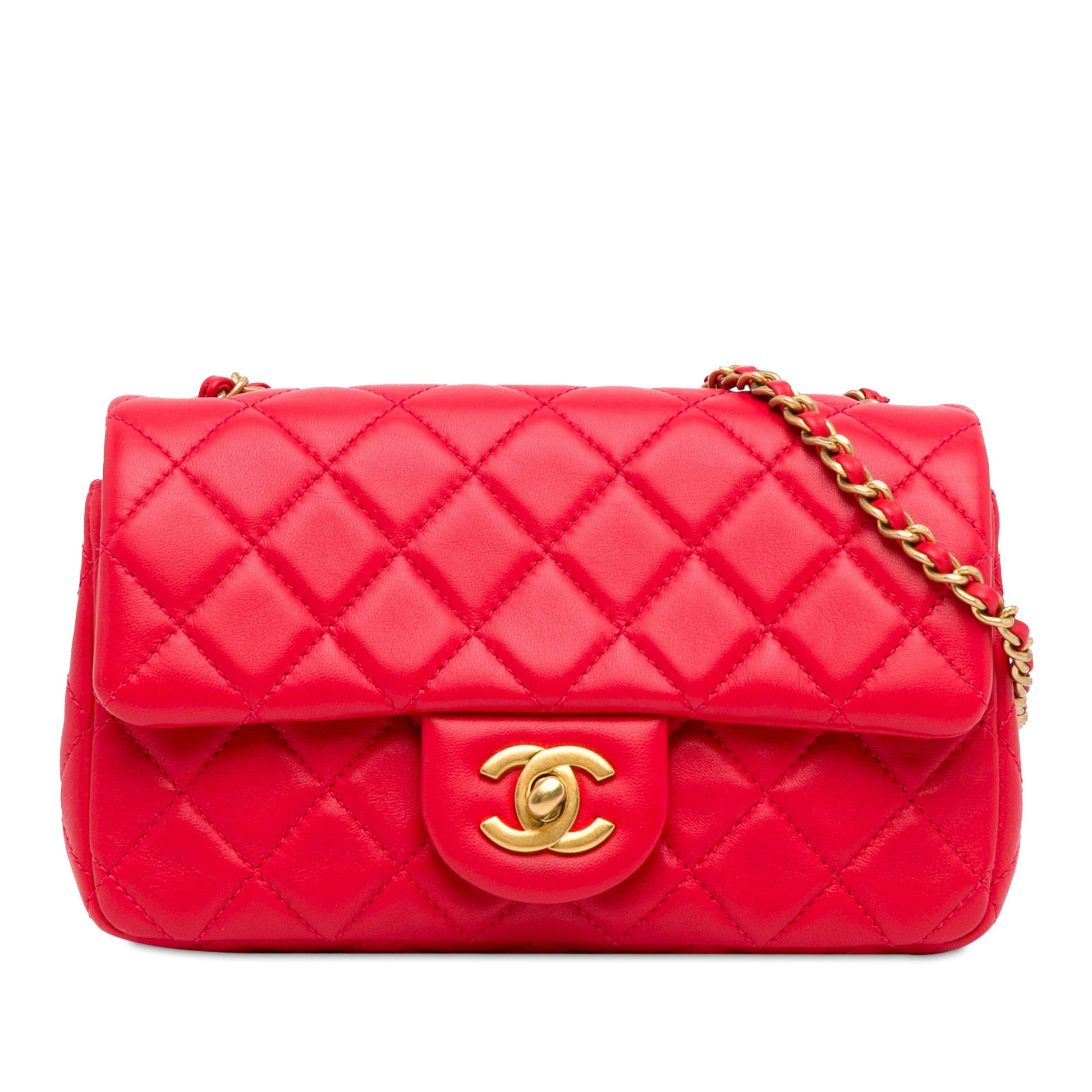 Second hand Chanel Classic Single Flap Mini Lambskin Leather Pearl Crush Matelassè Shoulder Bag Red - Tabita Bags