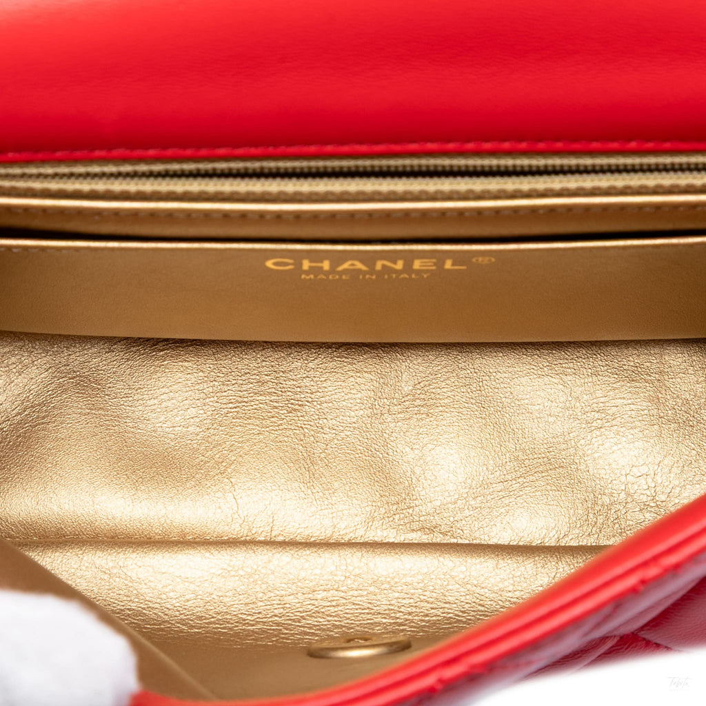 Second hand Chanel Classic Single Flap Mini Lambskin Leather Pearl Crush Matelassè Shoulder Bag Red - Tabita Bags