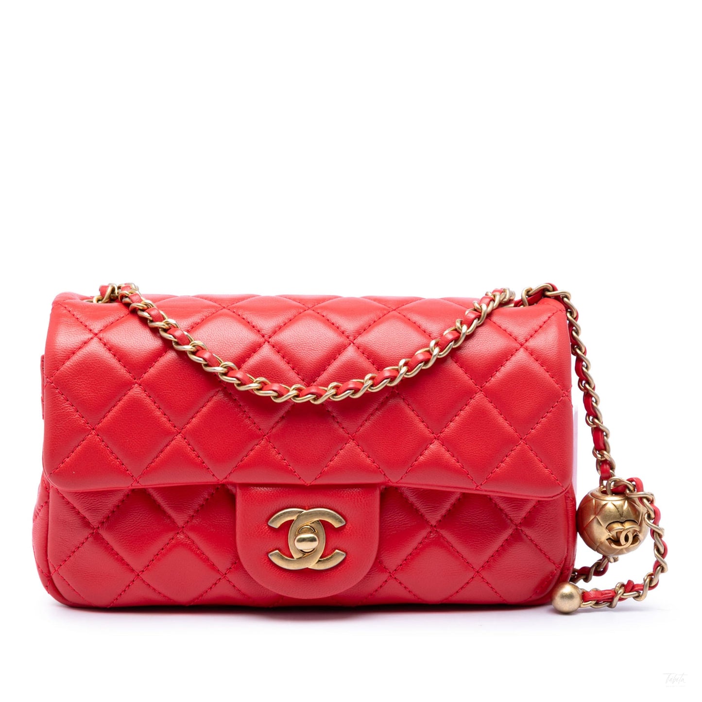 Second hand Chanel Classic Single Flap Mini Lambskin Leather Pearl Crush Matelassè Shoulder Bag Red - Tabita Bags