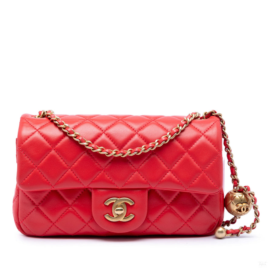 Second hand Chanel Classic Single Flap Mini Lambskin Leather Pearl Crush Matelassè Shoulder Bag Red - Tabita Bags