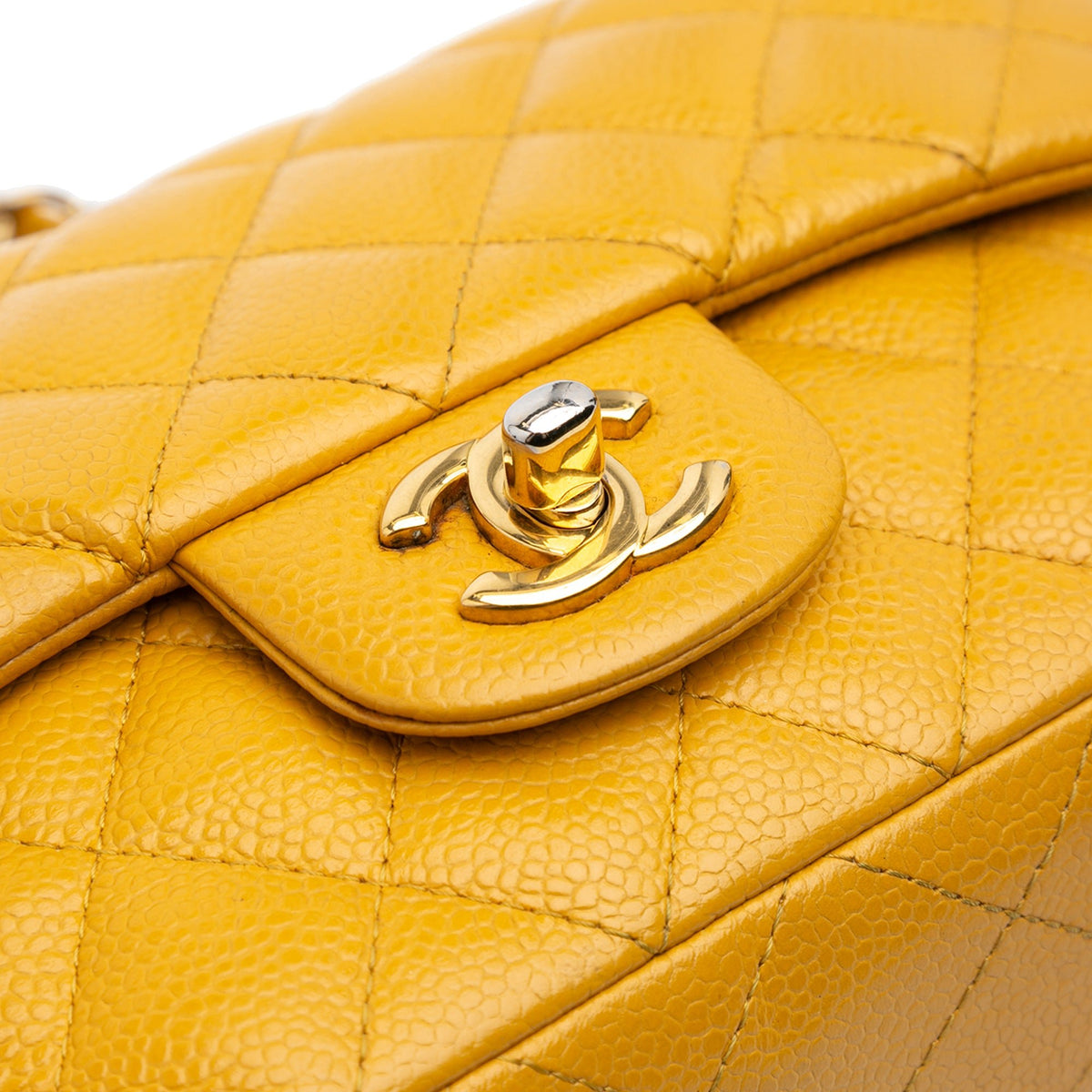Second hand Chanel Classic Single Flap Mini Matelassè Caviar Leather Flap Shoulder Bag Yellow - Tabita Bags