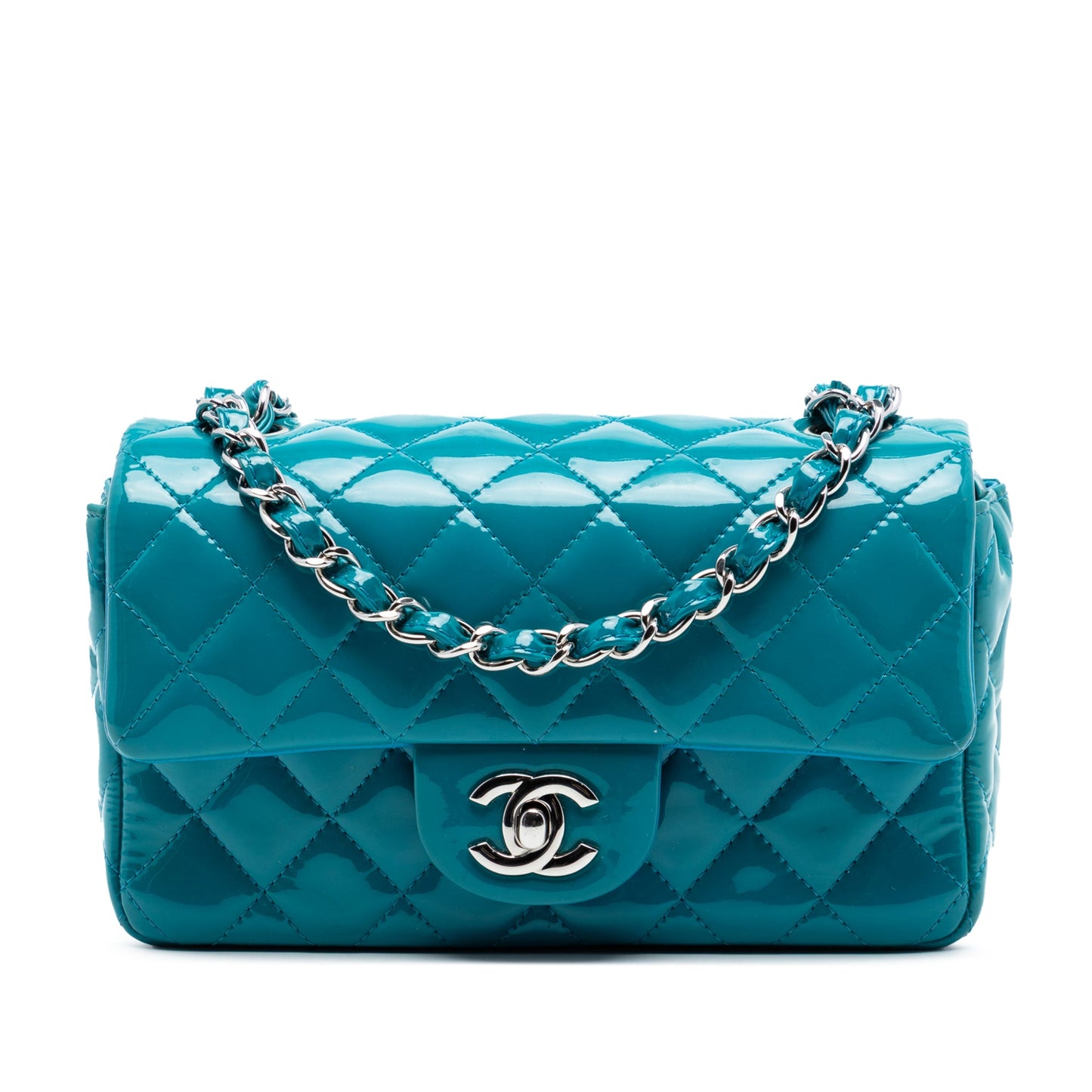Second hand Chanel Classic Single Flap Mini Patent Leather Matelassè Shoulder Bag Blue - Tabita Bags