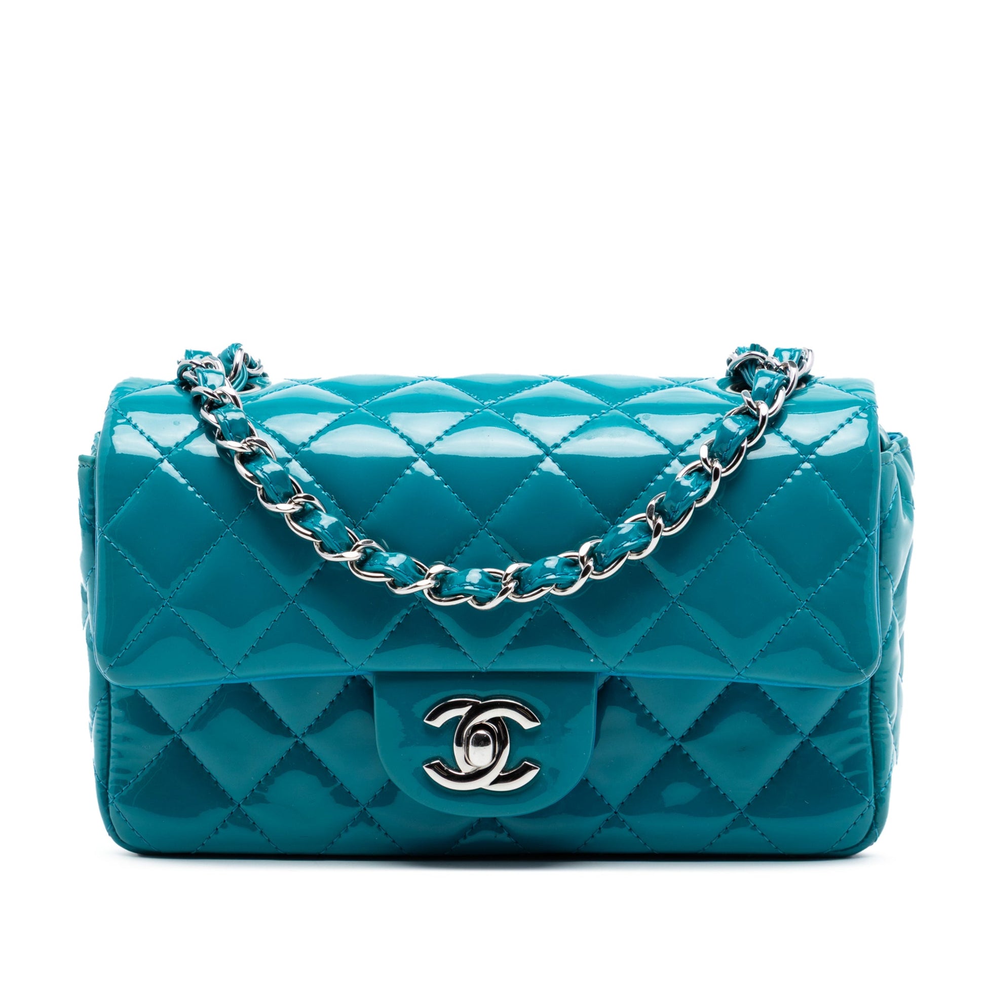 Second hand Chanel Classic Single Flap Mini Patent Leather Matelassè Shoulder Bag Blue - Tabita Bags
