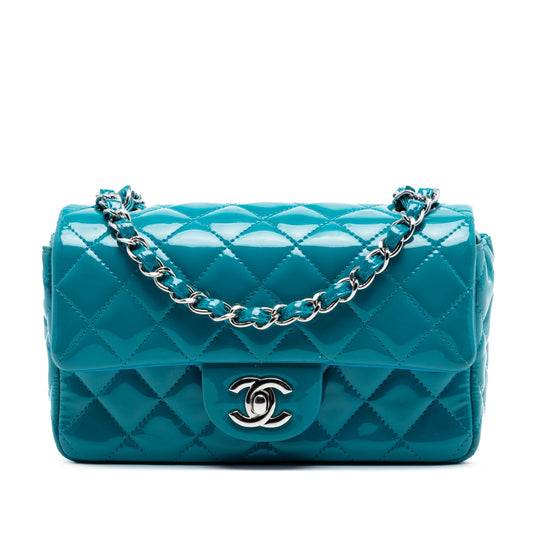 Second hand Chanel Classic Single Flap Mini Patent Leather Matelassè Shoulder Bag Blue - Tabita Bags