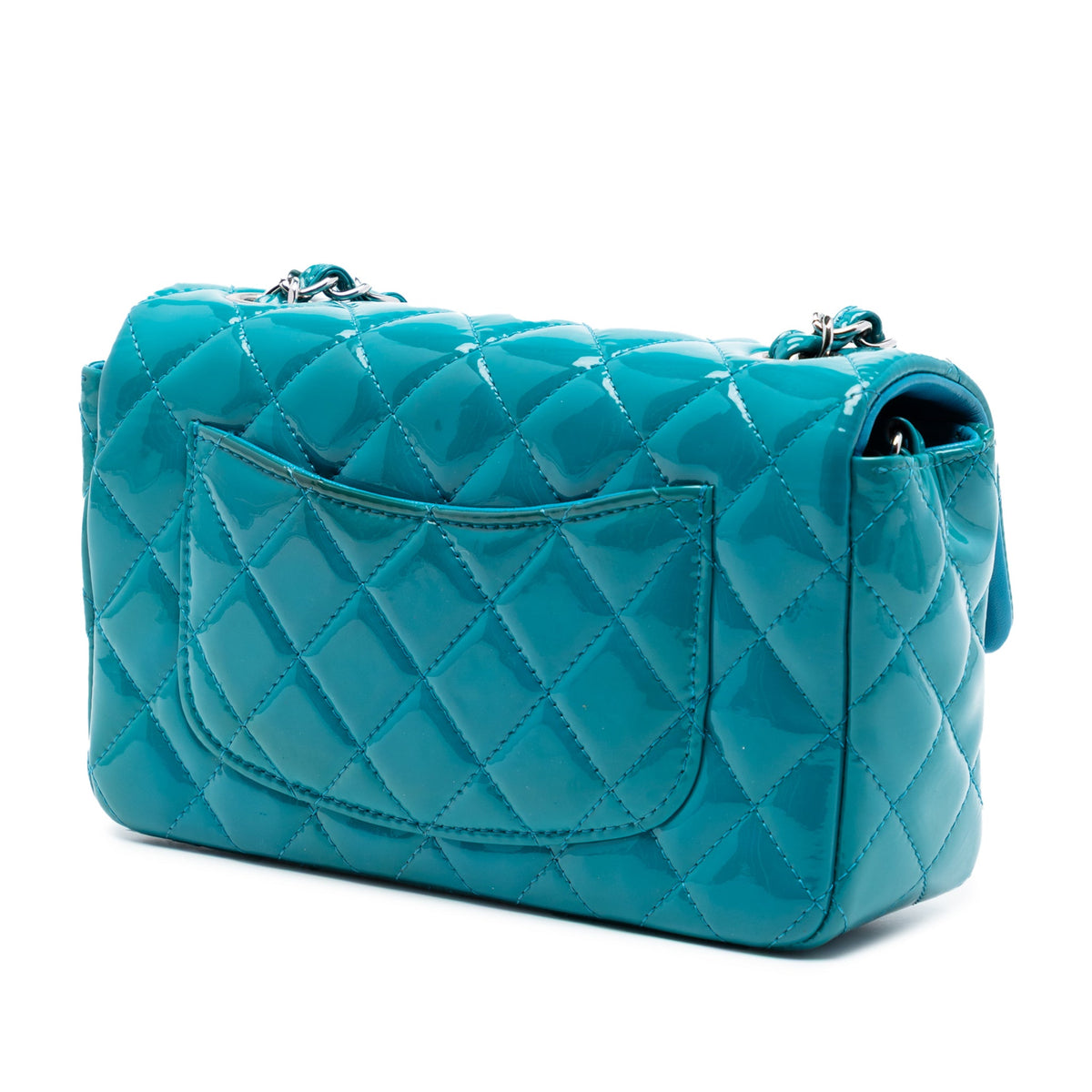 Second hand Chanel Classic Single Flap Mini Patent Leather Matelassè Shoulder Bag Blue - Tabita Bags
