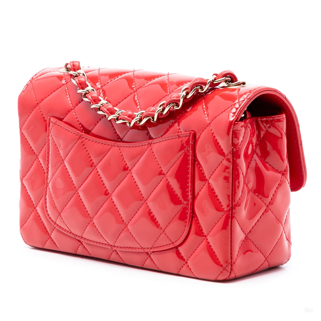 Second hand Chanel Classic Single Flap Mini Patent Leather Matelassè Shoulder Bag Red - Tabita Bags