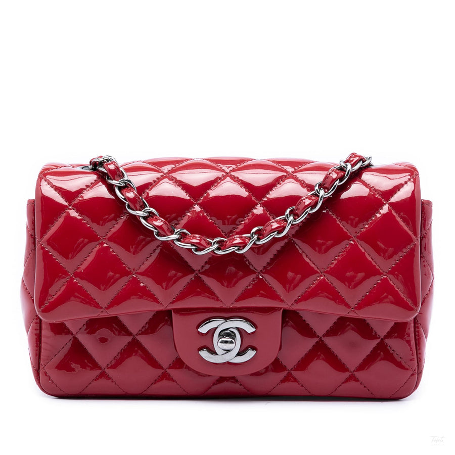 Second hand Chanel Classic Single Flap Mini Patent Leather Matelassè Shoulder Bag Red - Tabita Bags