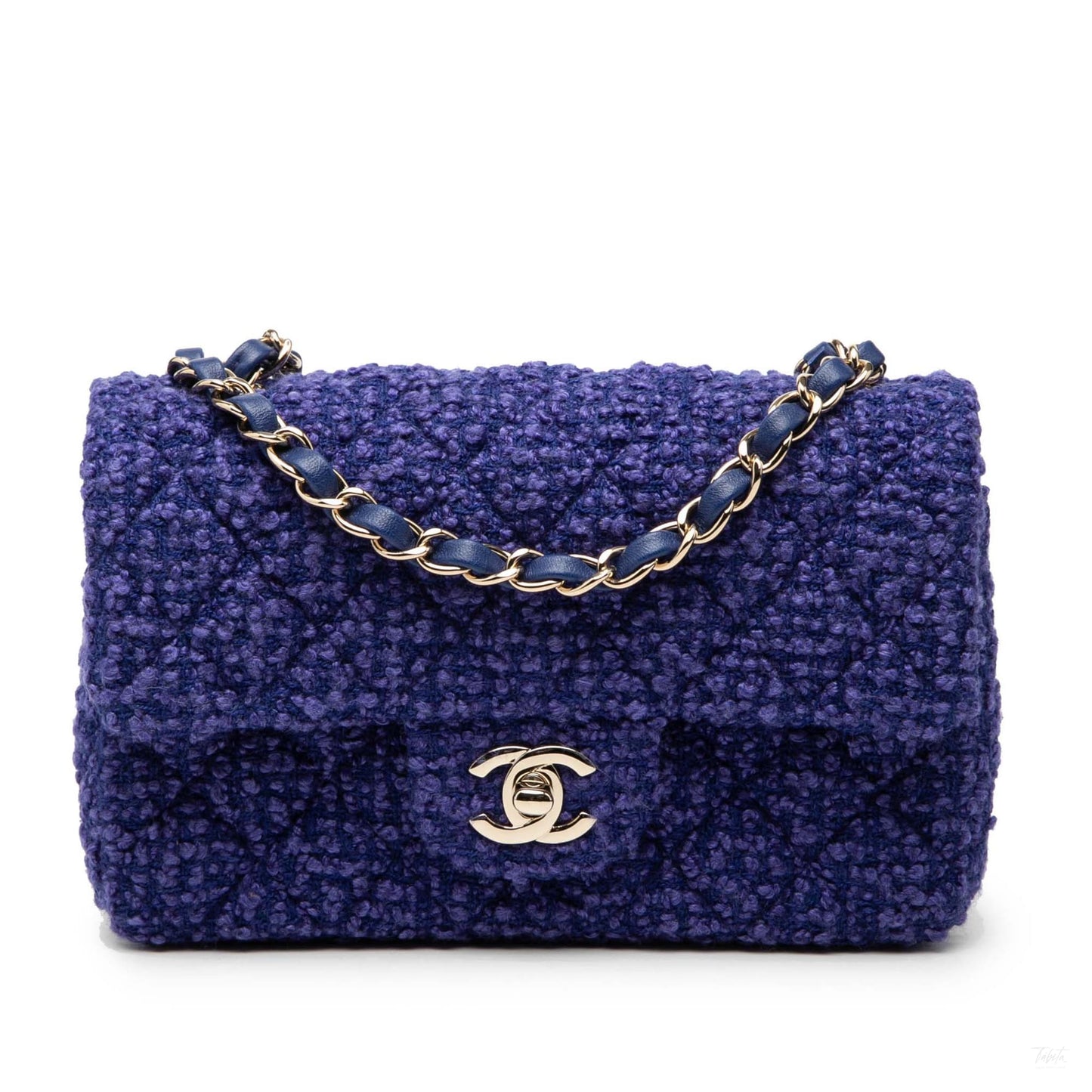 Second hand Chanel Classic Single Flap Mini Tweed Matelassè Shoulder Bag Blue - Tabita Bags