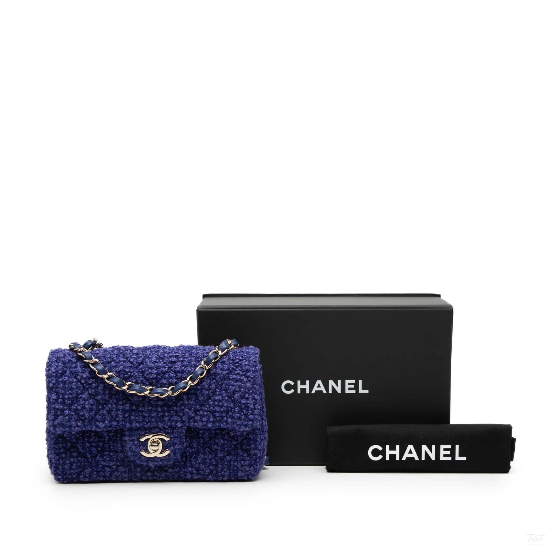 Second hand Chanel Classic Single Flap Mini Tweed Matelassè Shoulder Bag Blue - Tabita Bags