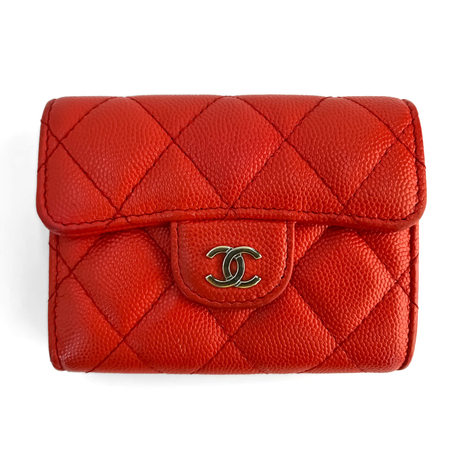 Second hand Chanel Classic Single Flap Small Caviar Leather Matelassè Folding Wallet Red - Tabita Bags