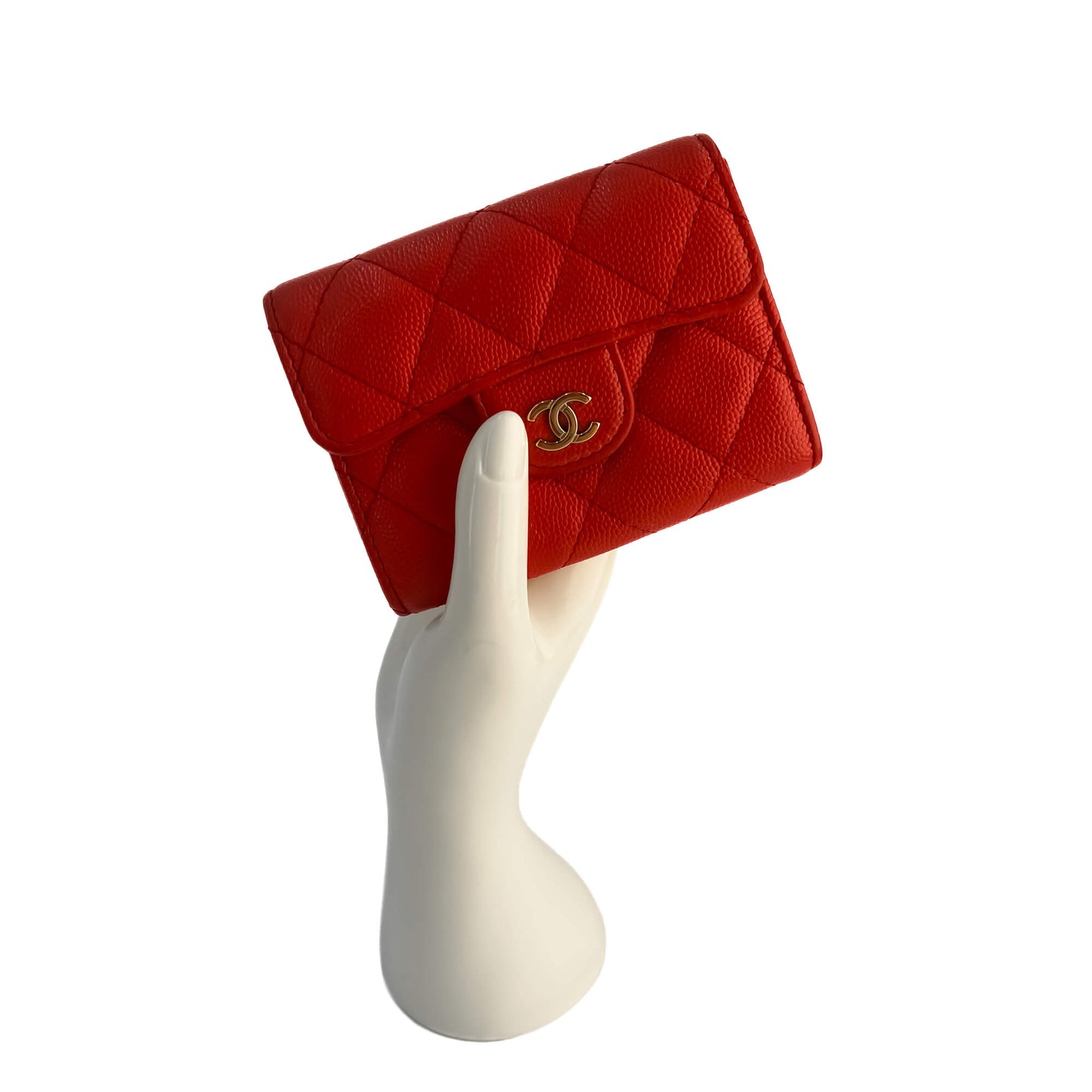 Second hand Chanel Classic Single Flap Small Caviar Leather Matelassè Folding Wallet Red - Tabita Bags